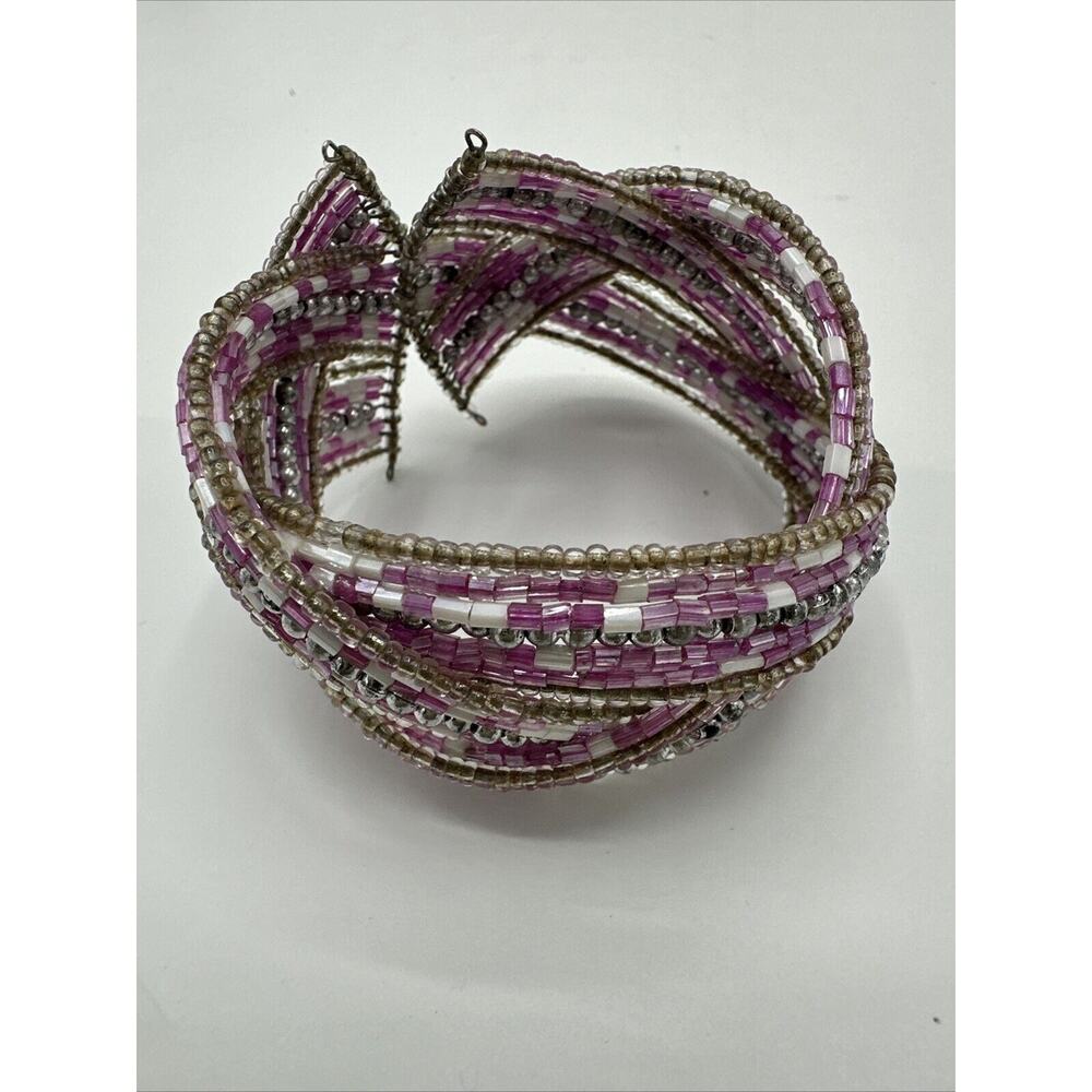 Beaded Braided Pink Cuff Bracelet Costume Jewelry Seed Bead Boho Chunky
